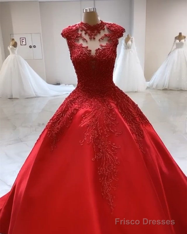 High Neck Ball Gown Satin Dresses Lace Embroidery Beaded Secondary image