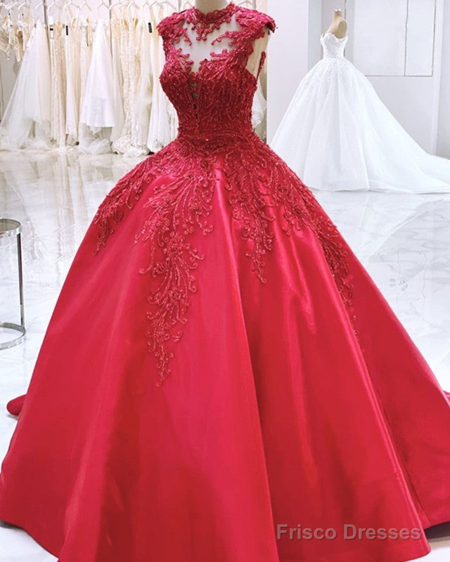 High Neck Ball Gown Satin Dresses Lace Embroidery Beaded Main image