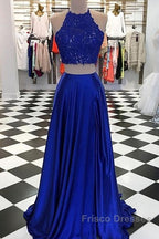 High Neck Blue Two Pieces Long Formal Prom Dress