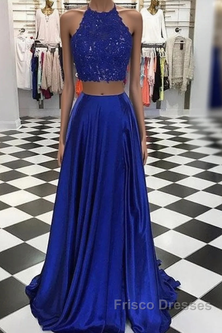 High Neck Blue Two Pieces Long Formal Prom Dress Main image