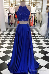 High Neck Blue Two Pieces Long Prom Dress
