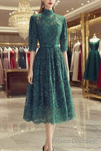 High Neck Half Sleeves Green Lace Formal Prom Dresses, Green Lace Formal Graduation Homecoming Dresses