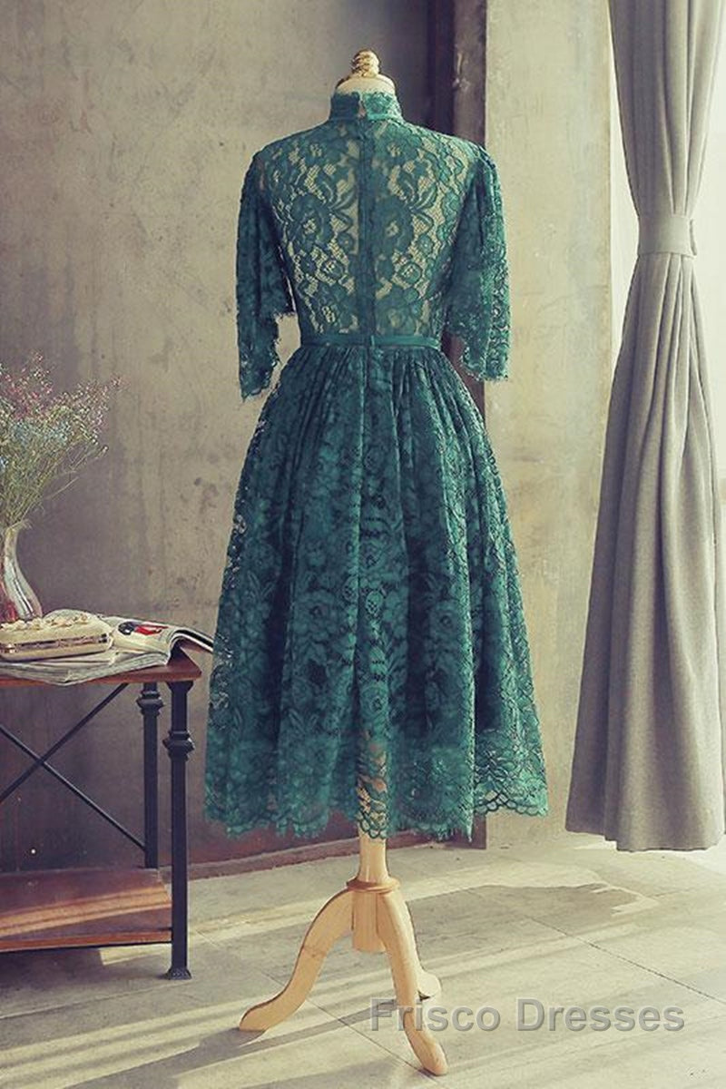 High Neck Half Sleeves Green Lace Formal Prom Dresses, Green Lace Formal Graduation Homecoming Dresses Secondary image