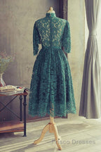 High Neck Half Sleeves Green Lace Formal Prom Dresses, Green Lace Formal Graduation Homecoming Dresses