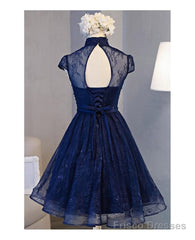 High Neck Homecoming Dress, Lace Dark Navy Lace-up Short Prom Dress