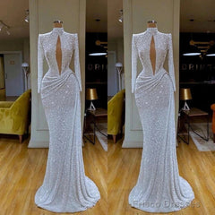 High Neck Keyhole Long Sleeve Sequin White Prom Dress