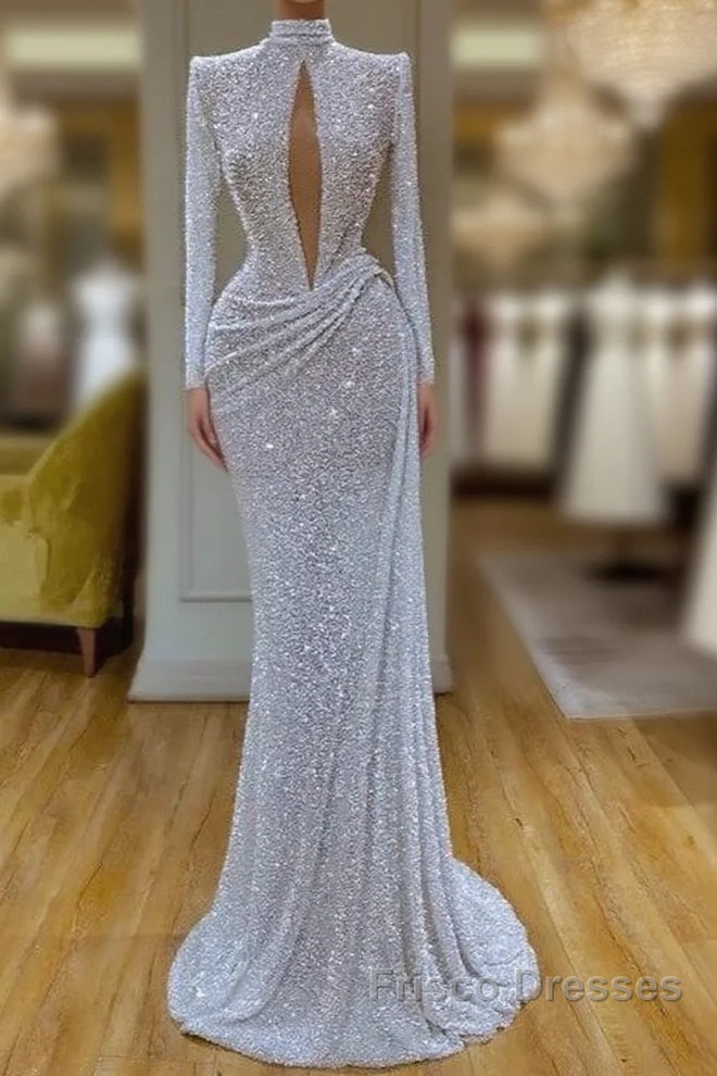 High Neck Keyhole Long Sleeve Sequin White Formal Prom Dress