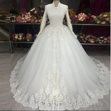 High Neck Lace Long Sleeves Muslim Wedding Dress For Women Vestido De Noiva