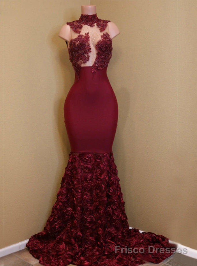 High Neck Lace Mermaid Flowers Burgundy Party Prom Dress Main image