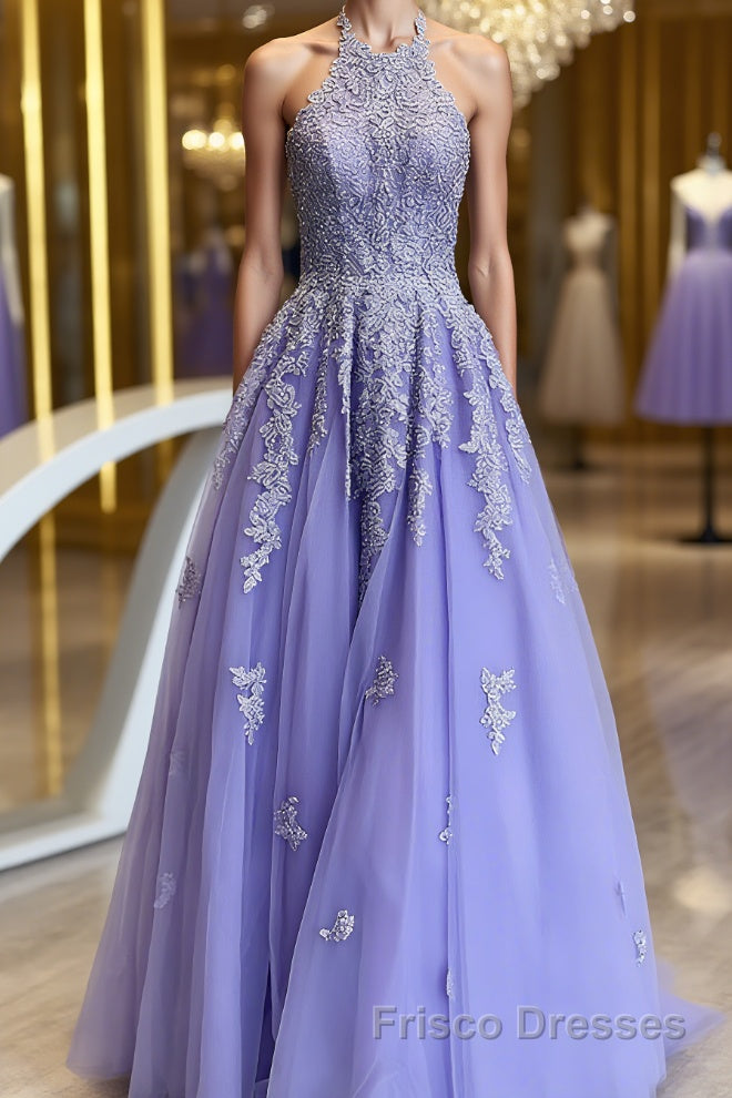 High Neck Long Purple Lace Formal Prom Dresses, Purple Lace Formal Evening Dresses Main image