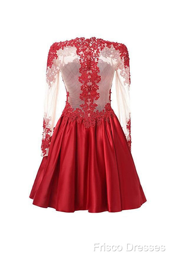 High Neck Long Sleeves With Applique Red Homecoming Dress