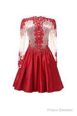 High Neck Long Sleeves With Applique Red Homecoming Dresses