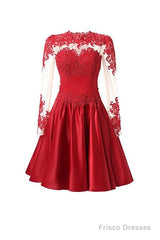 High Neck Long Sleeves With Applique Red Homecoming Dresses