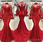 High Neck Long Sleevess Mermaid Beading Applique Chapel Train Prom Party Gowns