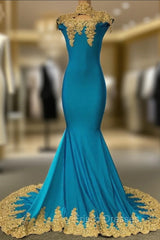 High Neck Mermaid Gold Lace Formal Prom Dress with Chic Keyhole