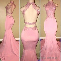 High-Neck Mermaid Long Pink Prom Dresses