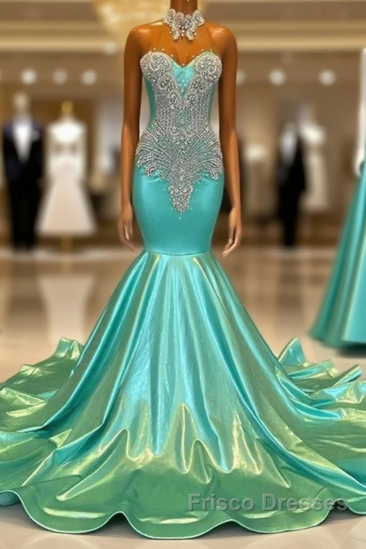 High Neck Mermaid Mint Green Satin Formal Prom Dress Main image