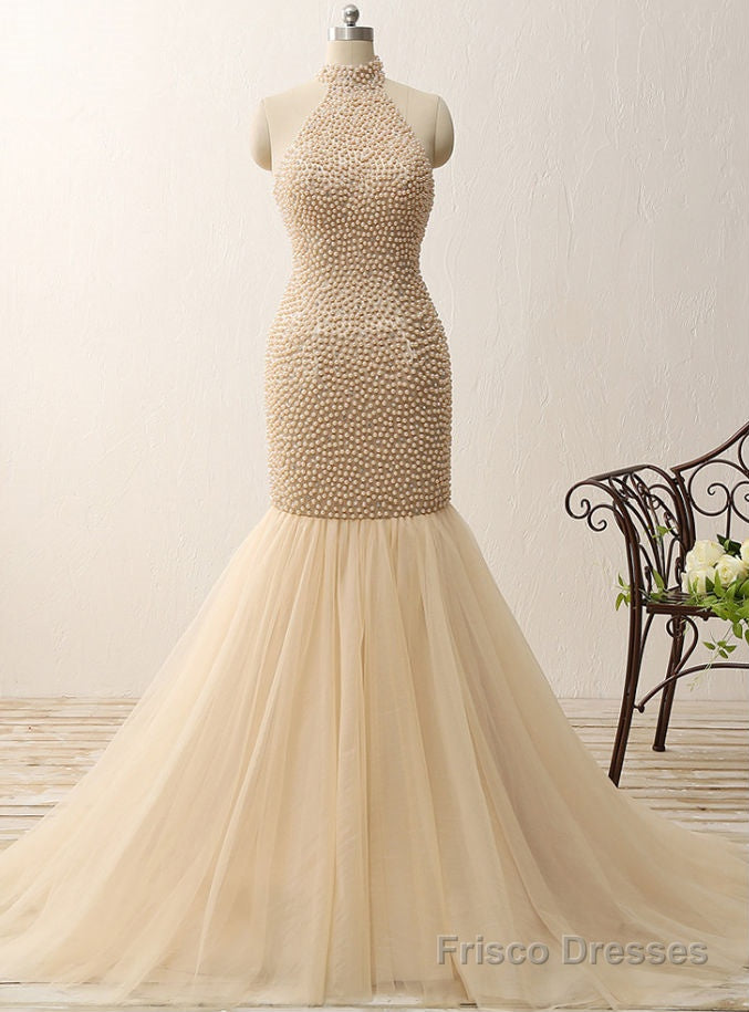 High Neck Mermaid Prom Gowns Pageant Pearls Prom Dresses Open Back Main image