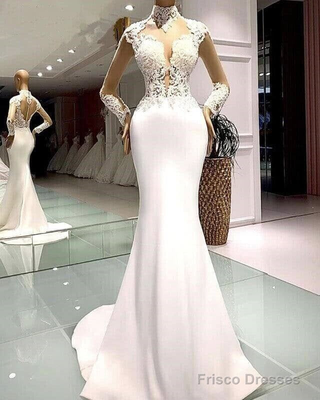 High Neck Mermaid Satin Long Sleeves Lace Wedding Dresses Main image