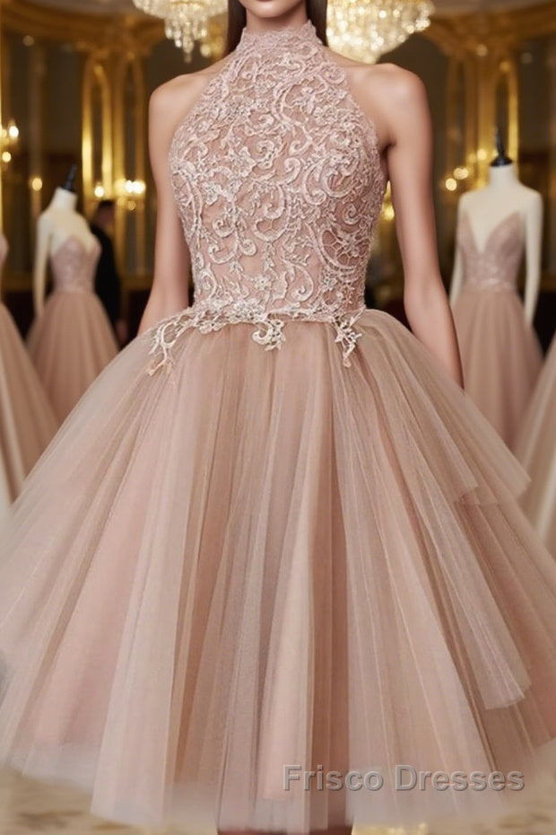 High Neck Open Back Short Champagne Lace Formal Prom Dresses, Backless Champagne Lace Formal Graduation Dresses, Champagne Lace Homecoming Dresses Main image