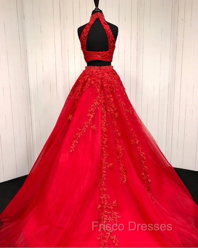 High Neck Open Back Tulle Formal Prom Dress Two Piece Quinceanera Dress Ball Gowns