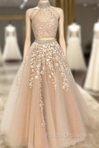 High Neck Open Back Tulle Formal Prom Dress Two Piece Quinceanera Dress Ball Gowns