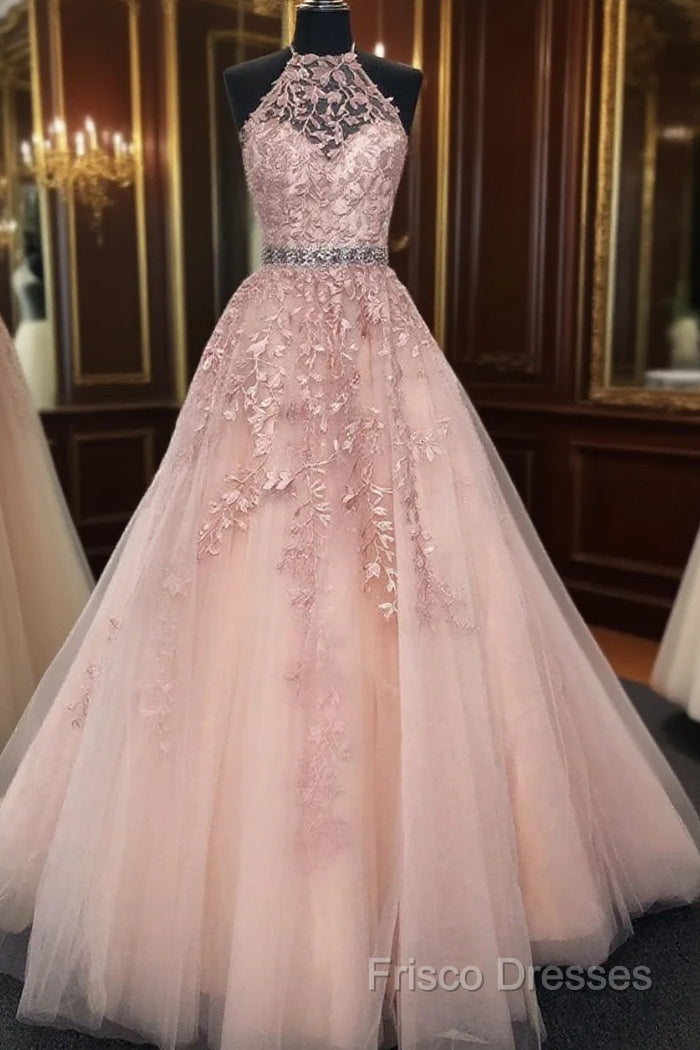 High Neck Pink Lace Formal Prom Dress, Pink Lace Formal Graduation Dress Main image