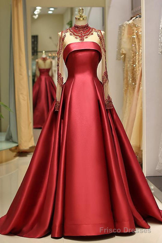 High Neck Red Illusion Sleeves Floor Length Prom Gown Main image