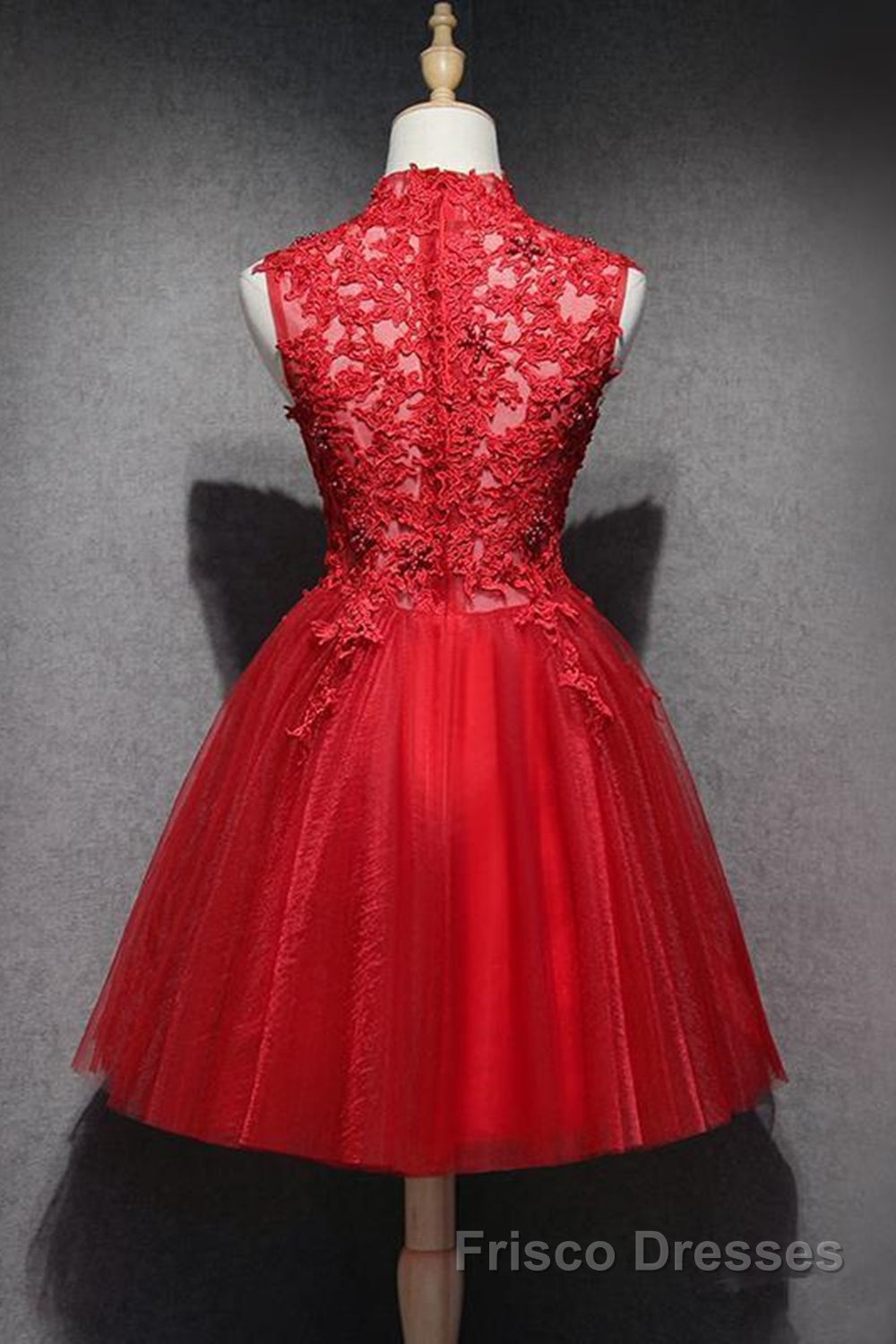 High Neck Red Lace Short Formal Prom Dresses, Red Lace Homecoming Dresses, Red Formal Graduation Evening Dresses Secondary image