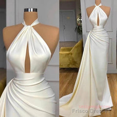 High Neck Satin Ivory Keyhole Ruched Prom Dress
