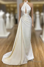 High Neck Satin Ivory Keyhole Ruched Formal Prom Dress