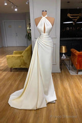High Neck Satin Ivory Keyhole Ruched Prom Dress