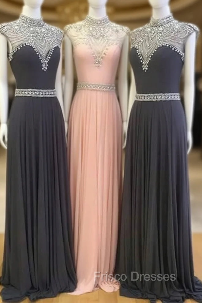 High Neck Sequin Bead Chiffon Long Formal Prom Dress, Evening Dress