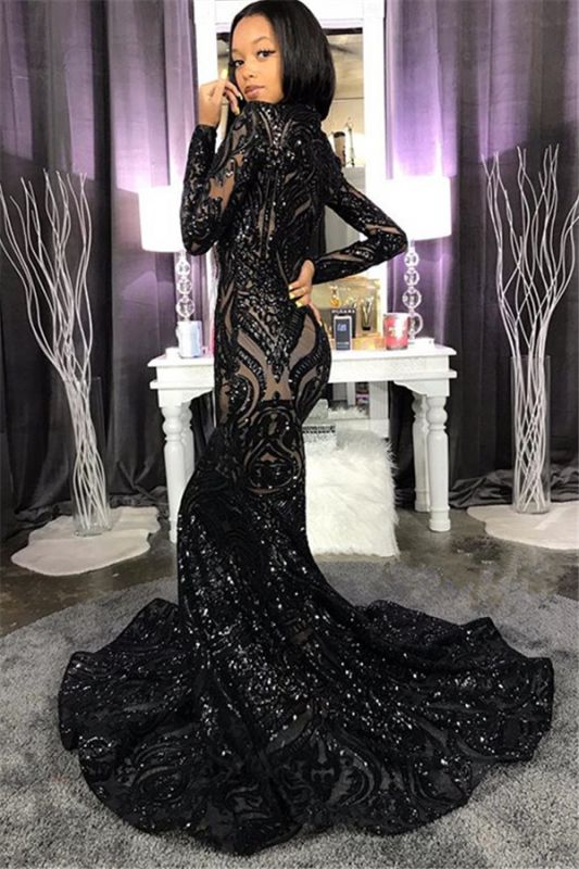 High Neck Shiny Appliques Black Girl Prom Dresses | Mermaid Long Sleeve Evening Gowns Secondary image