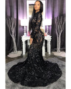 High Neck Shiny Appliques Black Girl Prom Dresses | Mermaid Long Sleeve Evening Gowns