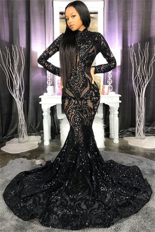 High Neck Shiny Appliques Black Girl Prom Dresses | Mermaid Long Sleeve Evening Gowns Main image