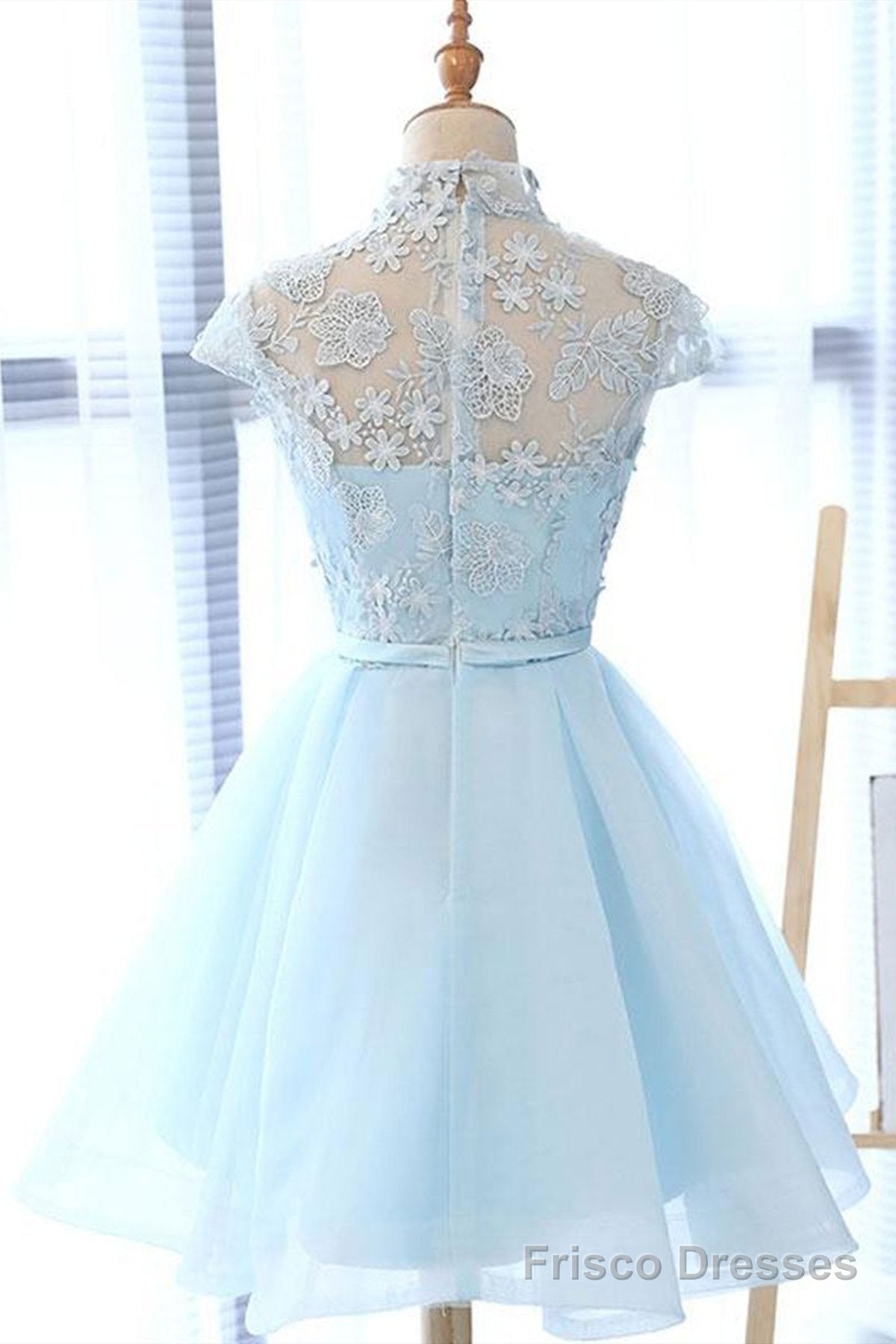 High Neck Short Blue Lace Prom Dresses, Short Blue Lace Graduation Homecoming Dresses Secondary image