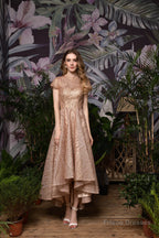 High neck Short Sleeve Champagne Sequined High Low Prom Dresses