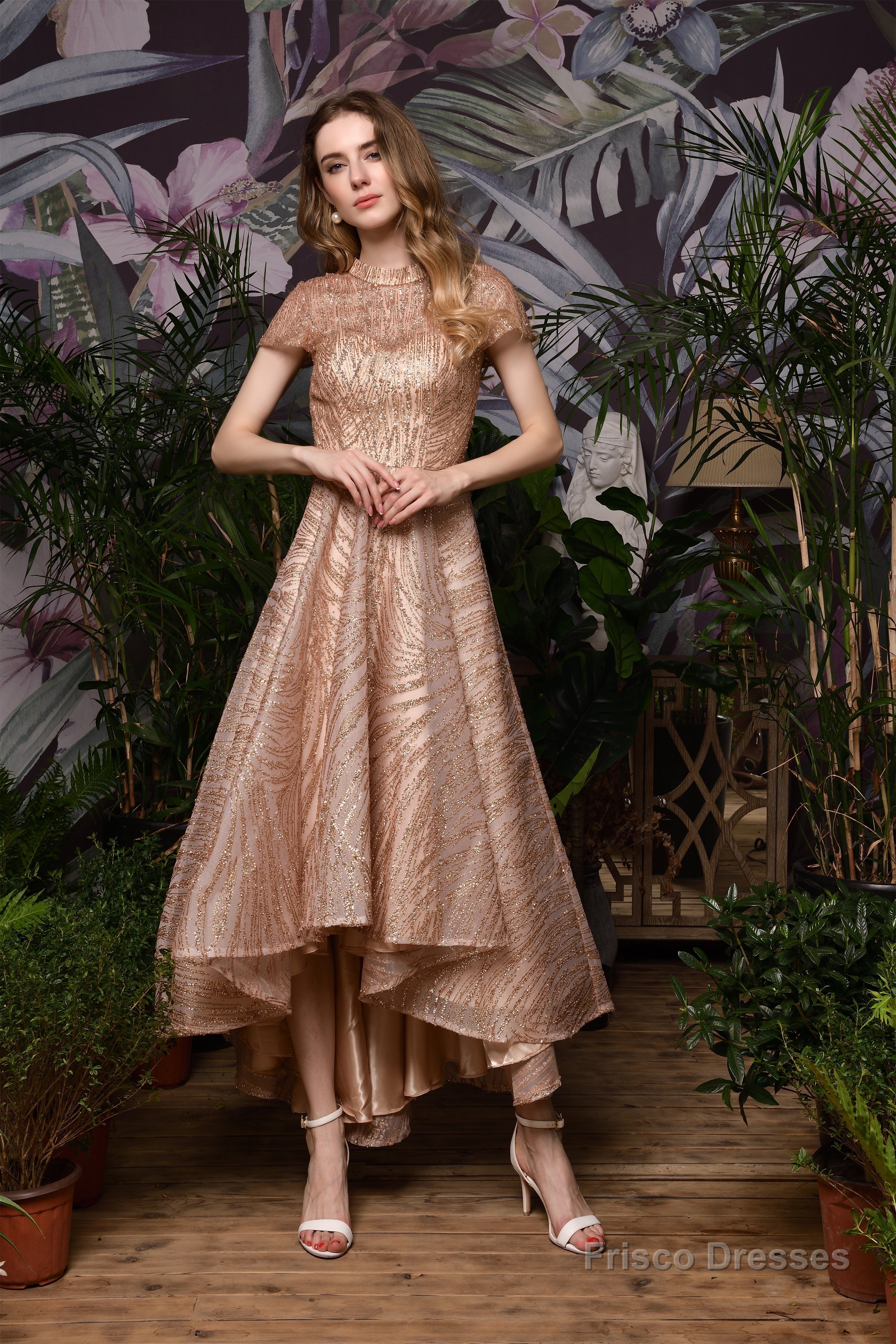 High neck Short Sleeve Champagne Sequined High Low Prom Dresses Secondary image