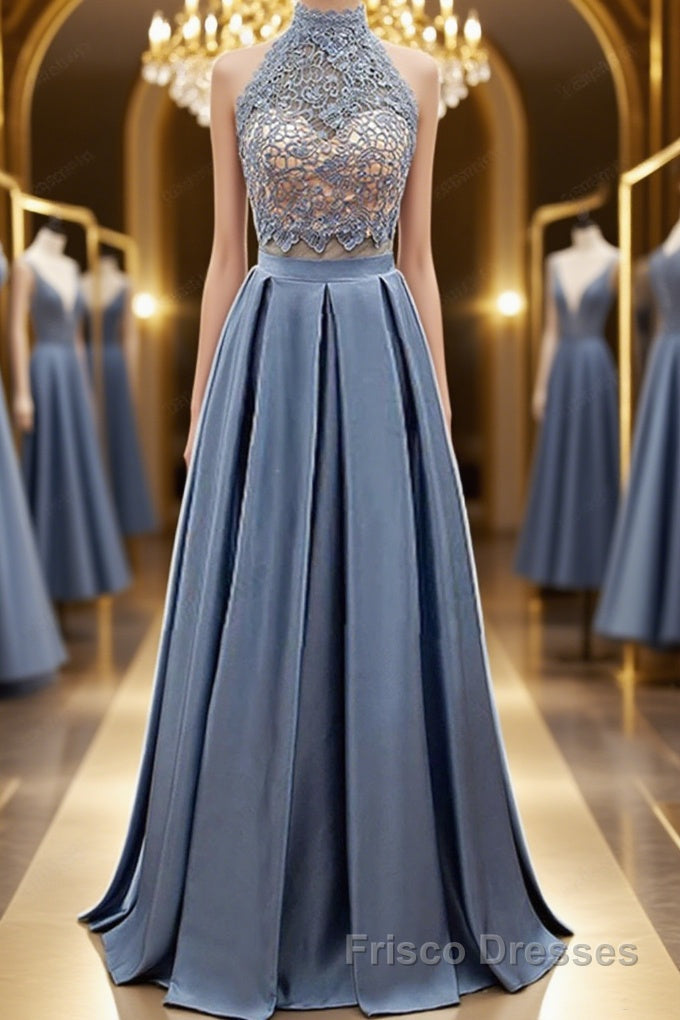 High Neck Two Pieces Blue Lace Long Formal Prom Dresses, 2 Pieces Blue Lace Formal Dresses, Blue Evening Dresses