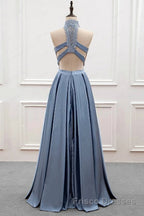 High Neck Two Pieces Blue Lace Long Formal Prom Dresses, 2 Pieces Blue Lace Formal Dresses, Blue Evening Dresses