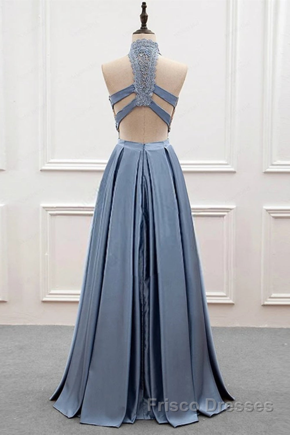 High Neck Two Pieces Blue Lace Long Formal Prom Dresses, 2 Pieces Blue Lace Formal Dresses, Blue Evening Dresses