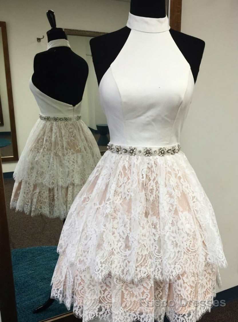High Neck White Homecoming Dress Cheap Prom Dress Short Short Lace Backless Homecoming Dress Main image