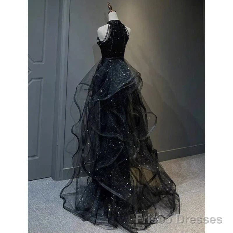 High Neckline Black Halter Shiny Tulle And Sequins Party Dress Black Tulle Prom Dress prom dresses shops Secondary image