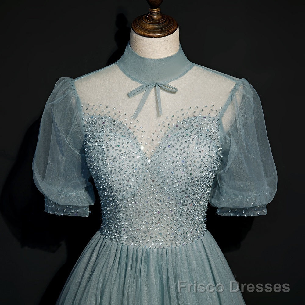 High Quality Beaded Short Sleeves Formal Dress, Tulle A-line Party Dress Prom Dress Secondary image