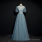 High Quality Beaded Short Sleeves Formal Dress, Tulle A-line Party Dress Prom Dress