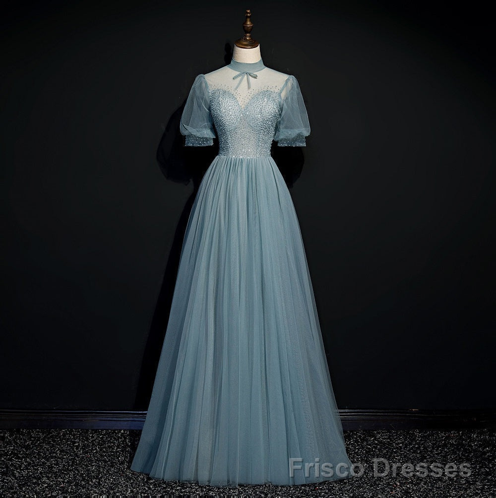 High Quality Beaded Short Sleeves Formal Dress, Tulle A-line Party Dress Prom Dress