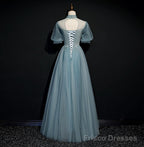 High Quality Beaded Short Sleeves Formal Dress, Tulle A-line Party Dress Prom Dress