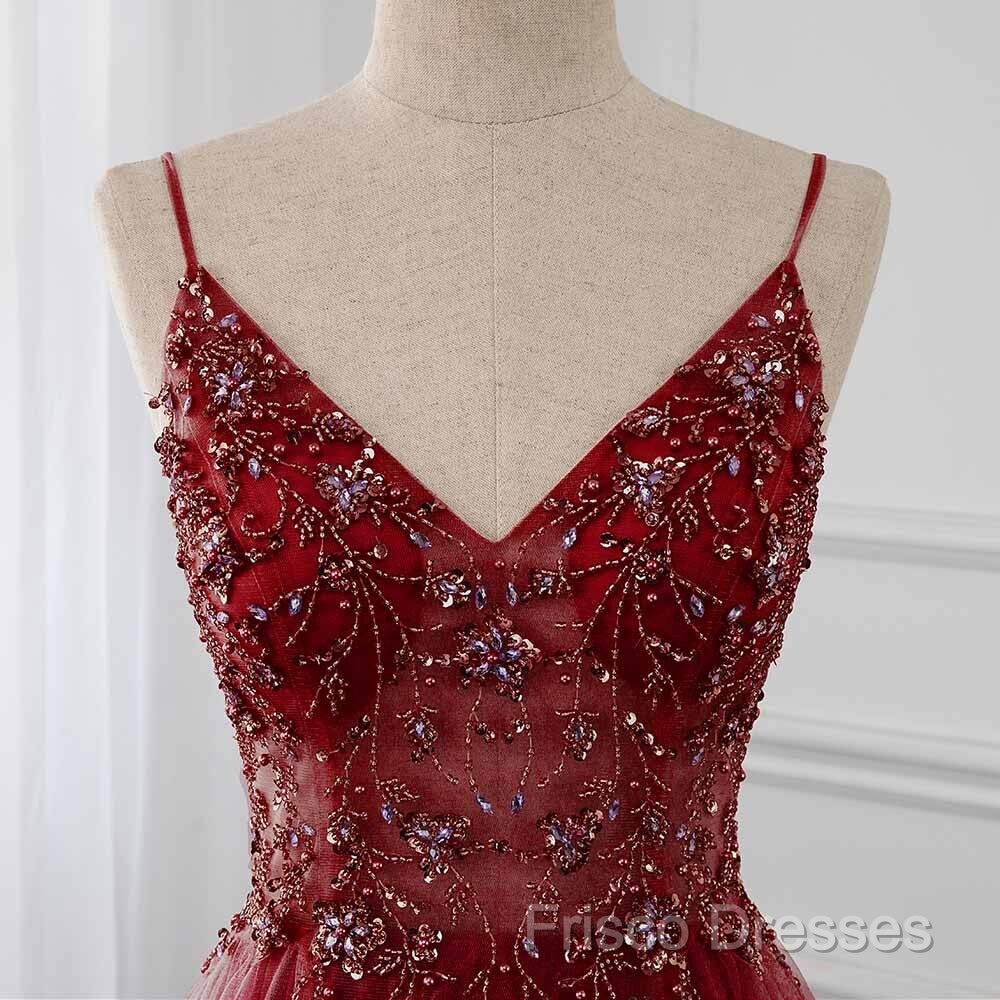 High Quality Burgundy Straps Beaded Long Party Dress, Long Junior Formal Prom Dress Secondary image