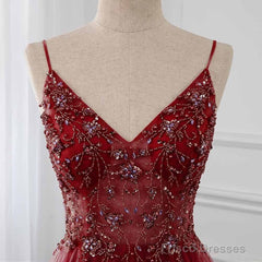 High Quality Burgundy Straps Beaded Long Party Dress, Long Junior Prom Dress